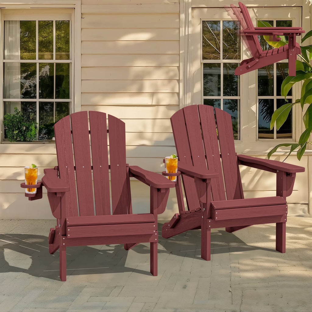 SERWALL Outdoor Adjustable Folding HDPE Adirondack Chairs Set of 2 with Cup Holder, Gray