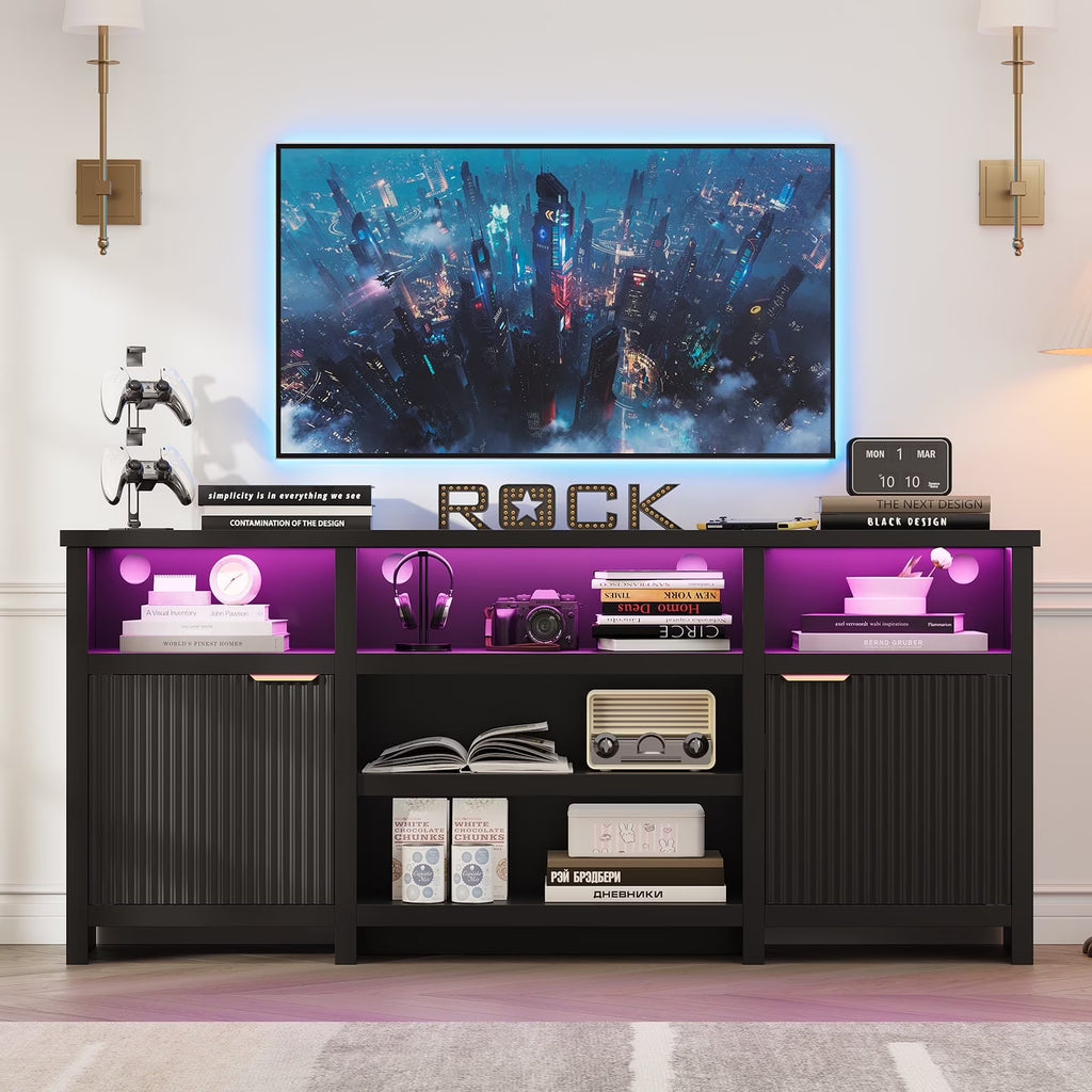 Planntonneo Mid-Century Modern Fluted TV Stand Wooden Media Console Entertainment Center for Living Room, Walnut Color