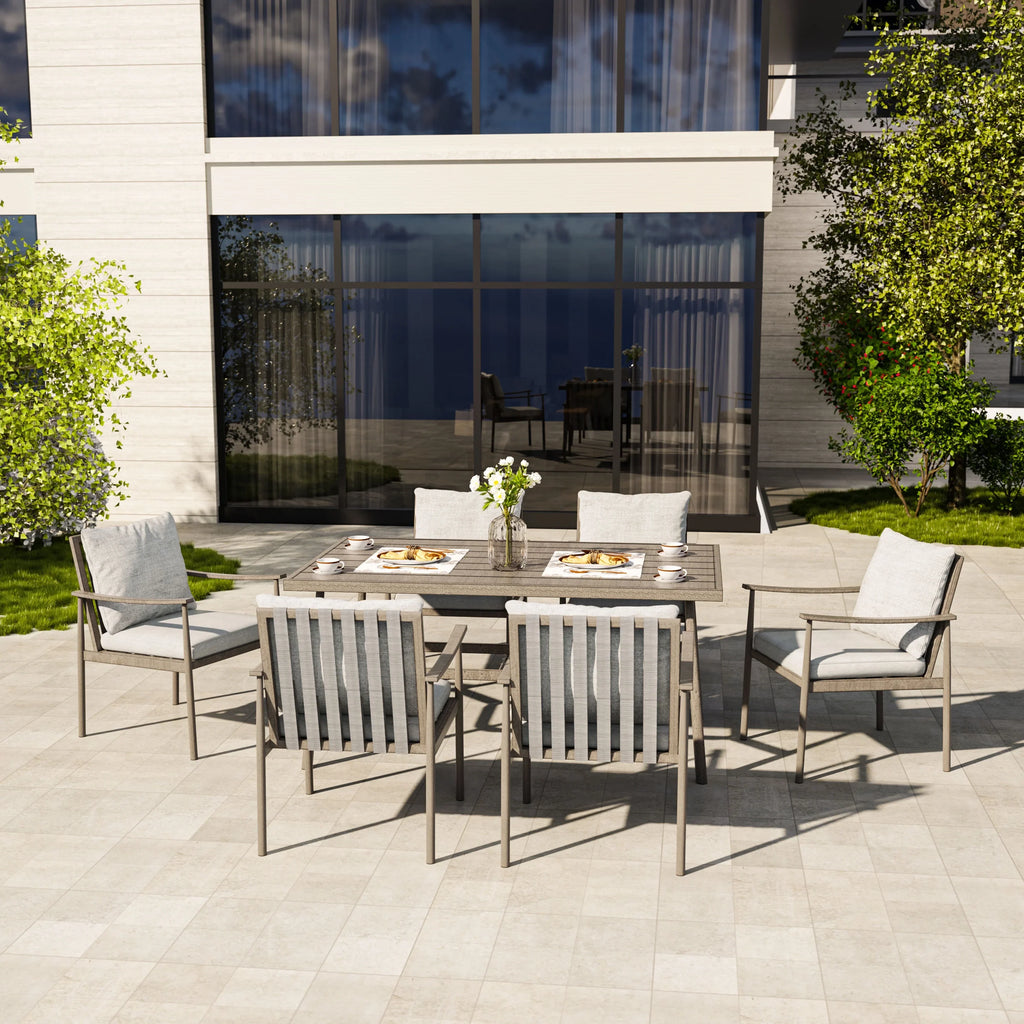 HAPPATIO 7-Piece Outdoor Dining Set for 6, Aluminum Patio Dining Set Includes 6 Dining Chairs and 1 Large Rectangular Table with Umbrella Hole, Patio Furniture Set for Lawn, Porch, Backyard, Grey