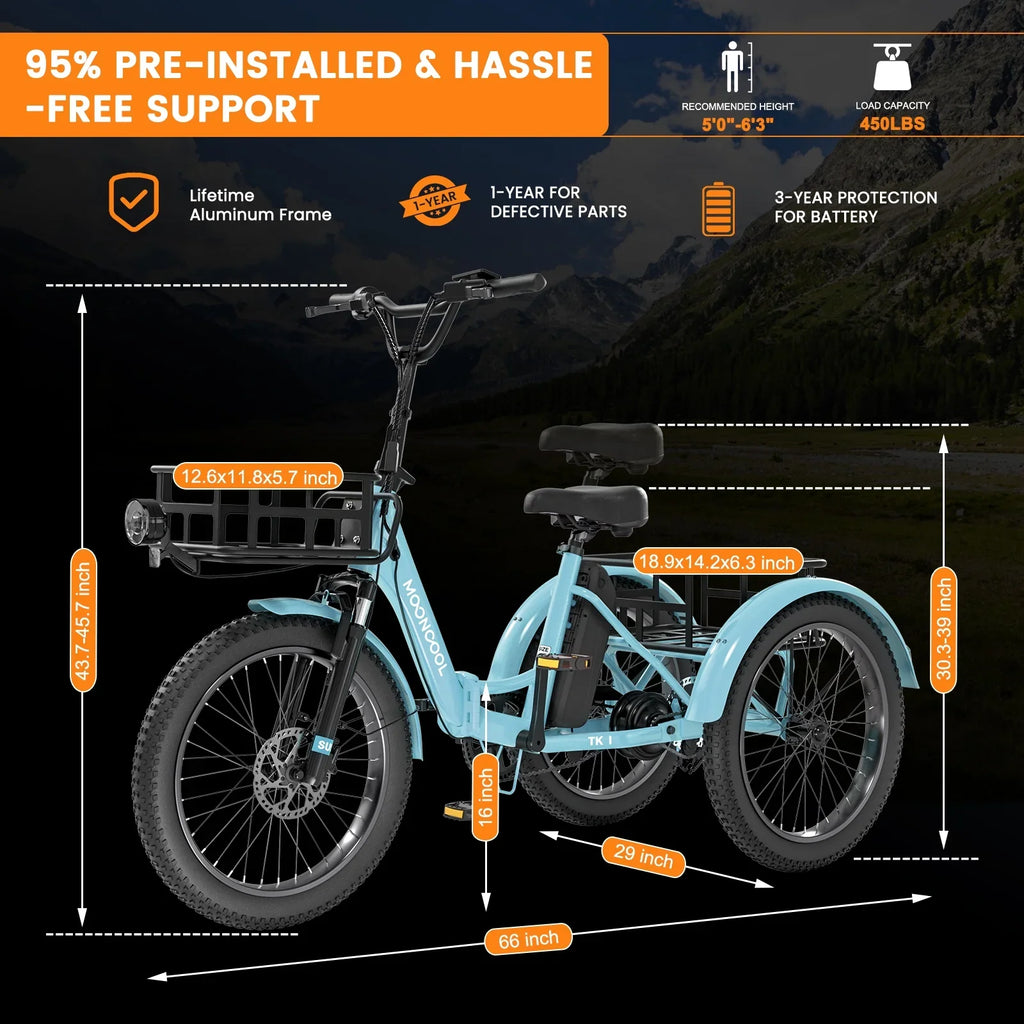 MOONCOOL TK1 Folding Electric Tricycle for Adults,48V 14.5Ah Removable battery, 500W"Peak 1000w"Motor, 20" Fat Tire Step-Thru 3Wheel Electric Bicycle w/Front&Rear Baskets, Certified to UL 2849 by SGS
