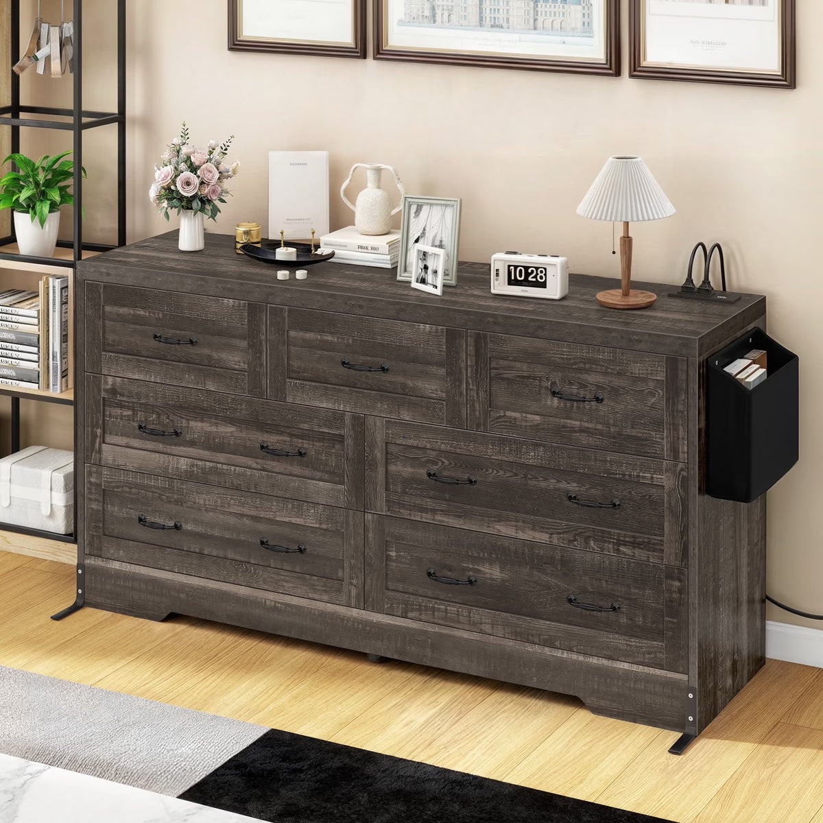 Craftian 7-Drawer Double Dresser Storage Cabinet with Power Outlets, Wood Chest of Drawers, Gray