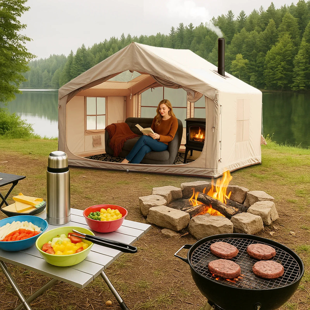 Inflatable Camping Tents 4/6/8/10 Person,129 Square Feets Large Blow up Tent with Stove Jack