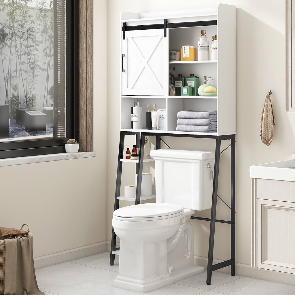 Vabches Over The Toilet Storage Cabinet with Sliding Door and Integrated Toilet Paper Holder, Ideal for Bathrooms, Restrooms, and Laundry Rooms.
