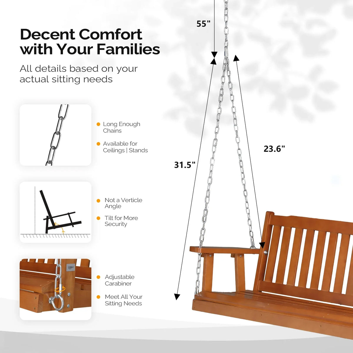 VINGLI Heavy Duty 880 LBS 4 FT Patio Wooden Porch Swing with Upgraded Adjustable Chains, Rustic