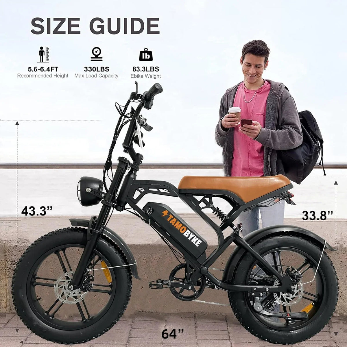 Tamobyke Electric Bike for Adults,Peak 1500W 28mph Mountain Ebike,48V 15.6AH 20" Fat Tire Electric Bicycle Full Suspension UL2849