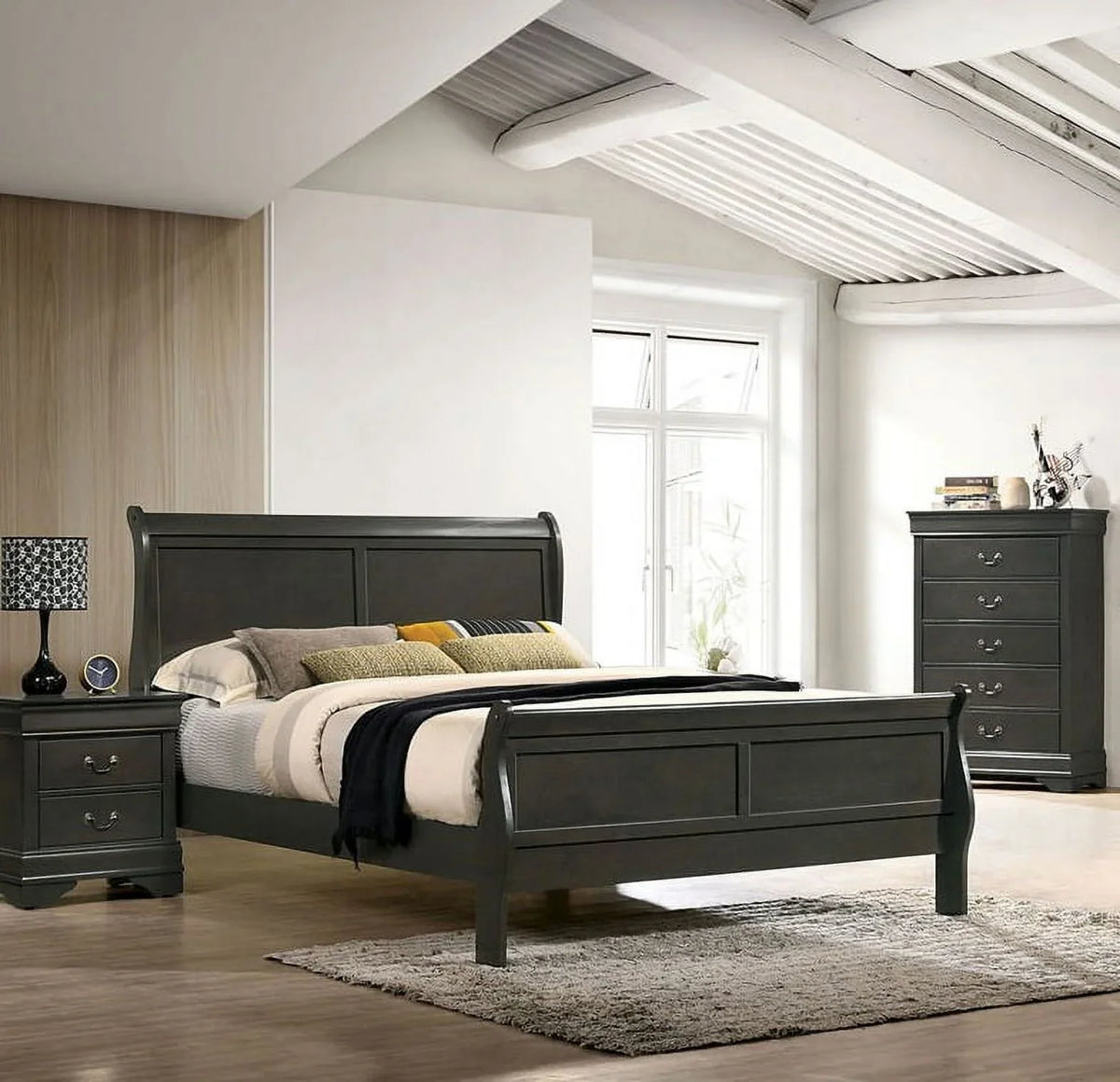 Transitonal Style Gray Solid wood 4pc Bedroom Set Full Size Bed Dresser Mirror Nightstand Master Bedroom Furniture