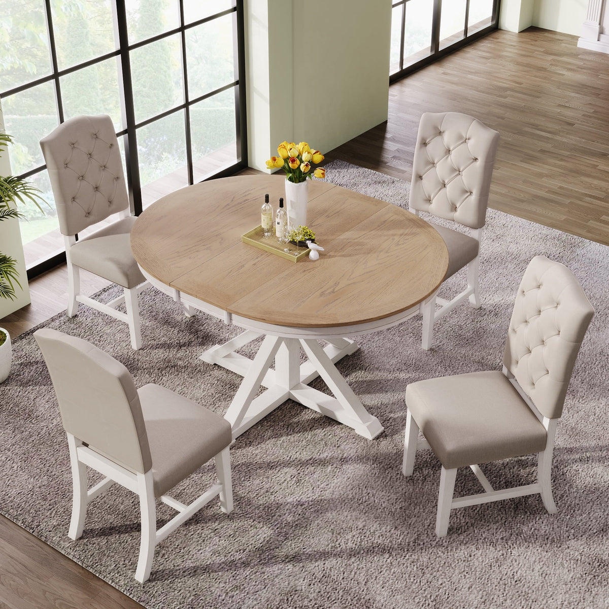 Harper & Bright Designs Round Extendable Dining Table Set for 4, 5 Piece Farmhouse Wood Dining Table Set with 4 Upholstered Dining Chairs, Natural Wood Wash