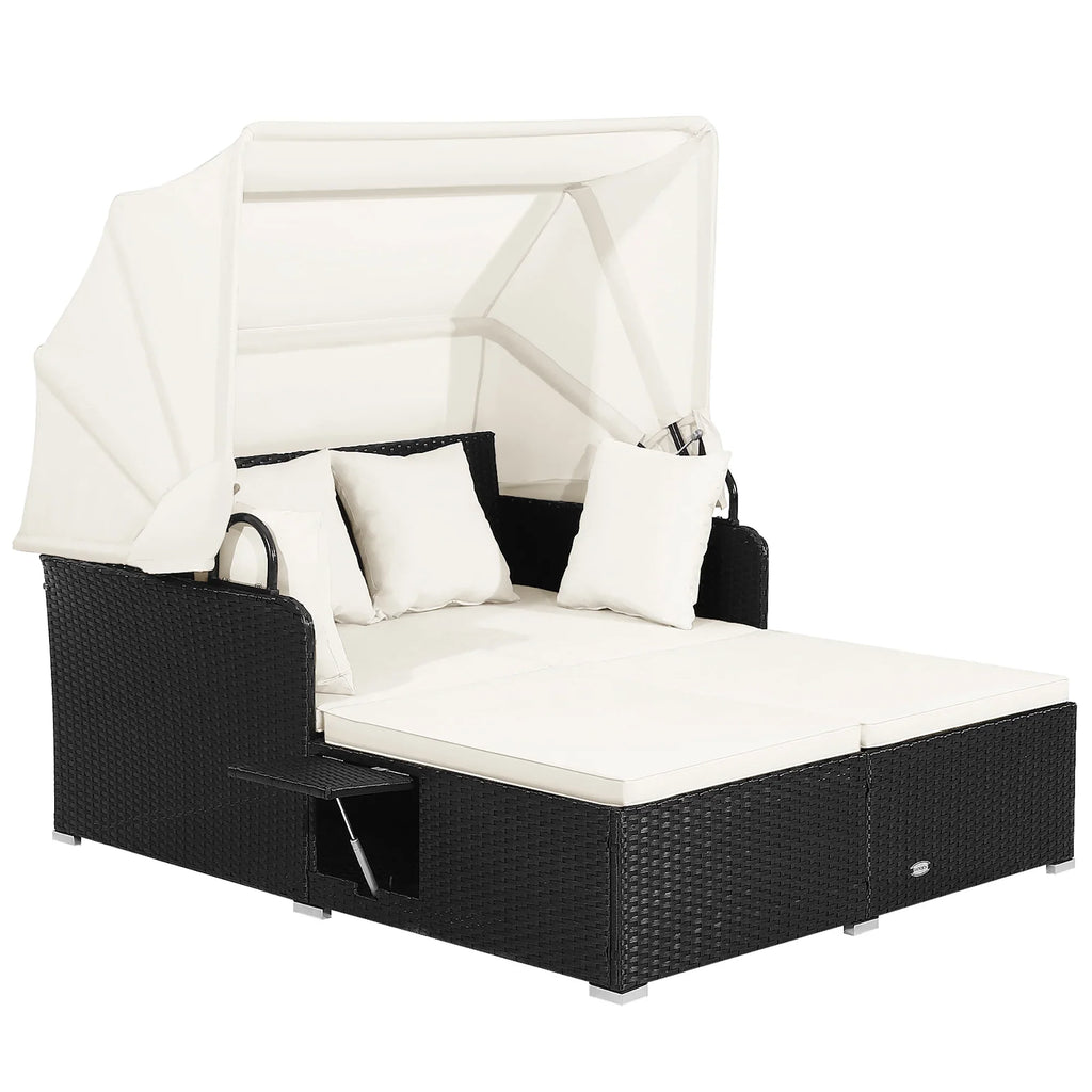 Costway Patio Rattan Daybed Lounge Retractable Top Canopy Side Tables Cushions Red