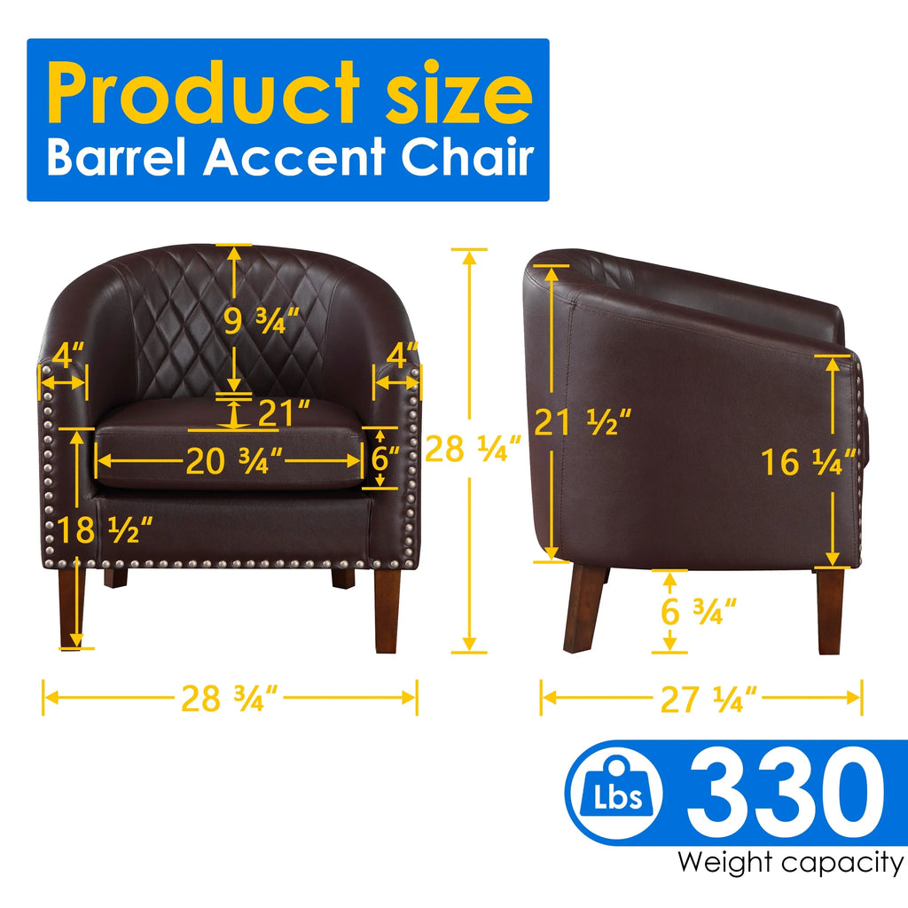 Barrel Accent Chair for living room, modern Leather Club Barrel Chair comfy Reading Armchair for Bedroom, Brown