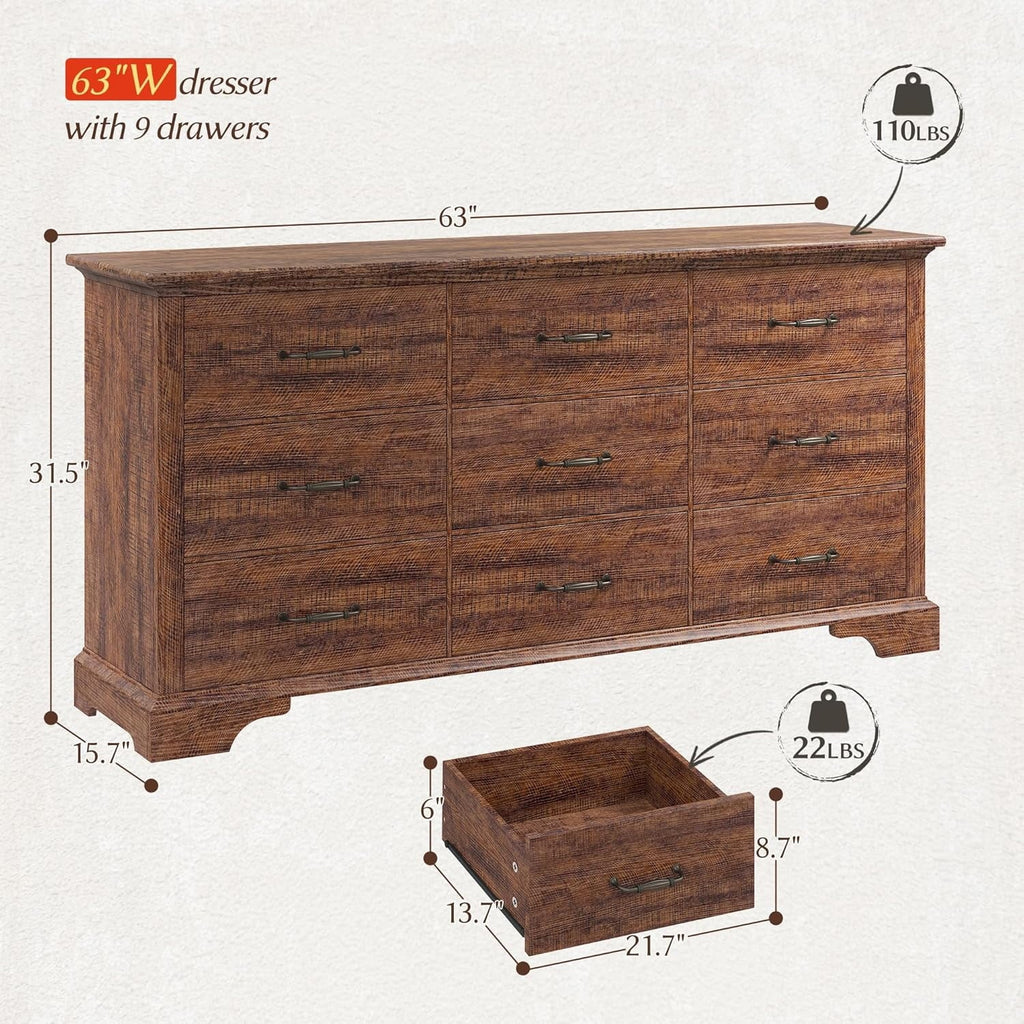 EnHomee Wood Dresser for Bedroom 9 Drawer Dressers&Chest of Drawers 63"L x 15.7"W x 31.5"H,Brown