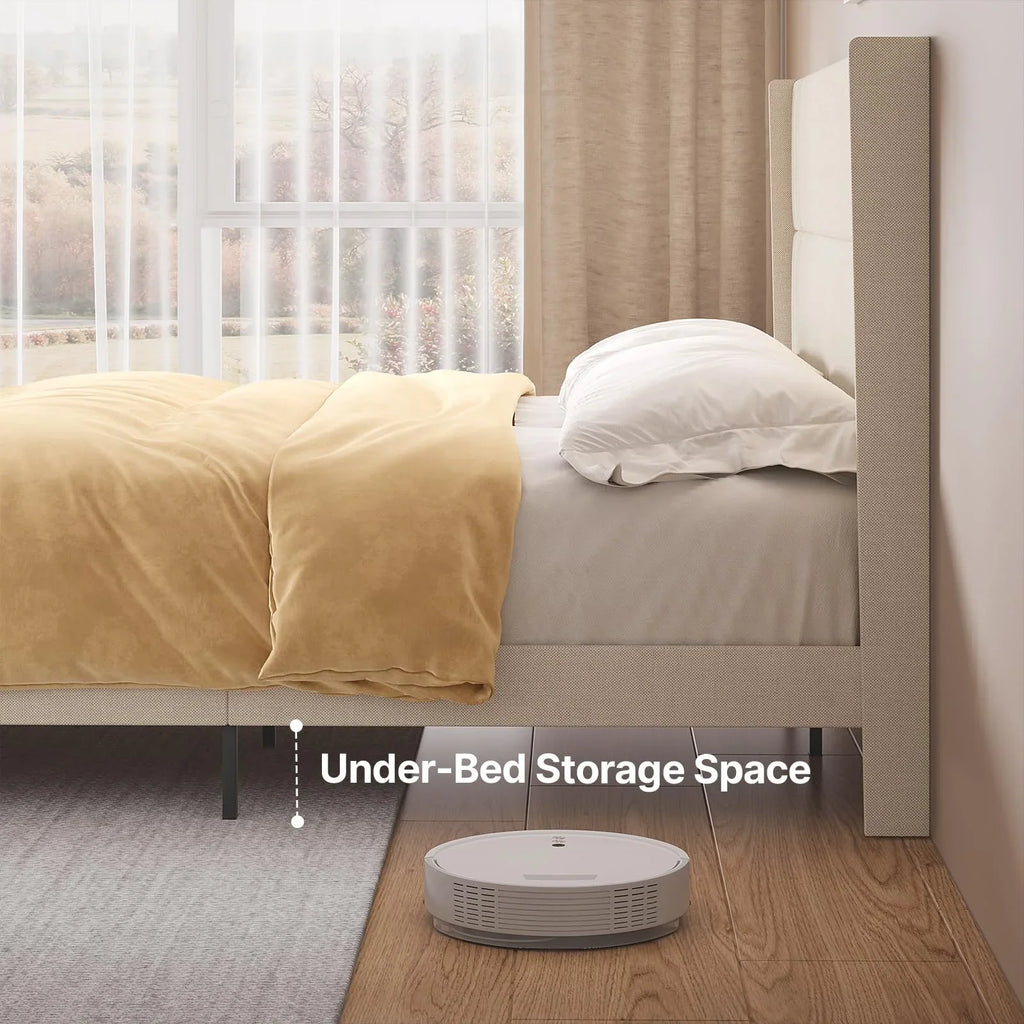 Full Size Bed Frame with Headboard, Under-Bed Storage, 850lbs, Beige