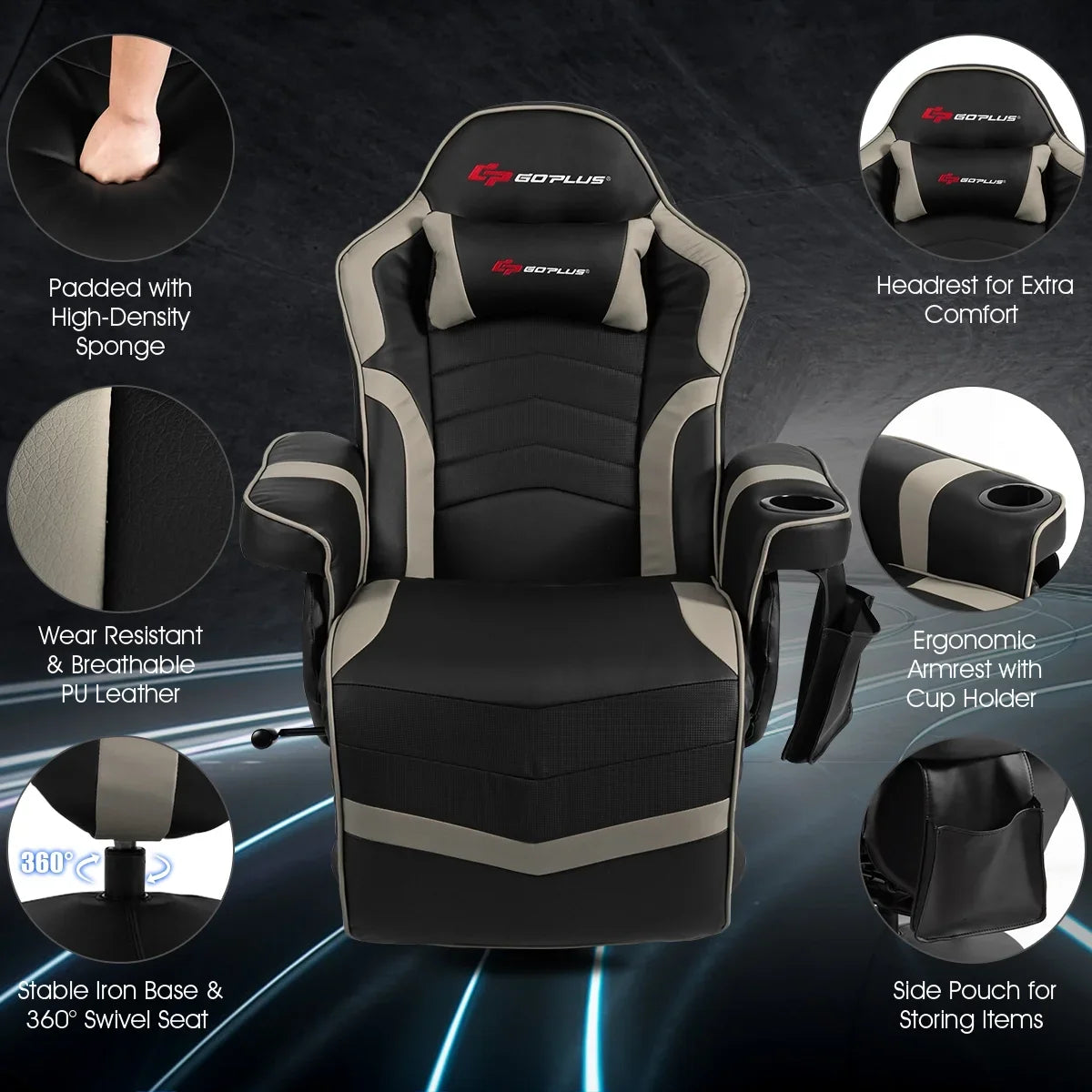 Goplus Massage Gaming Recliner Reclining Racing Chair Swivel Black