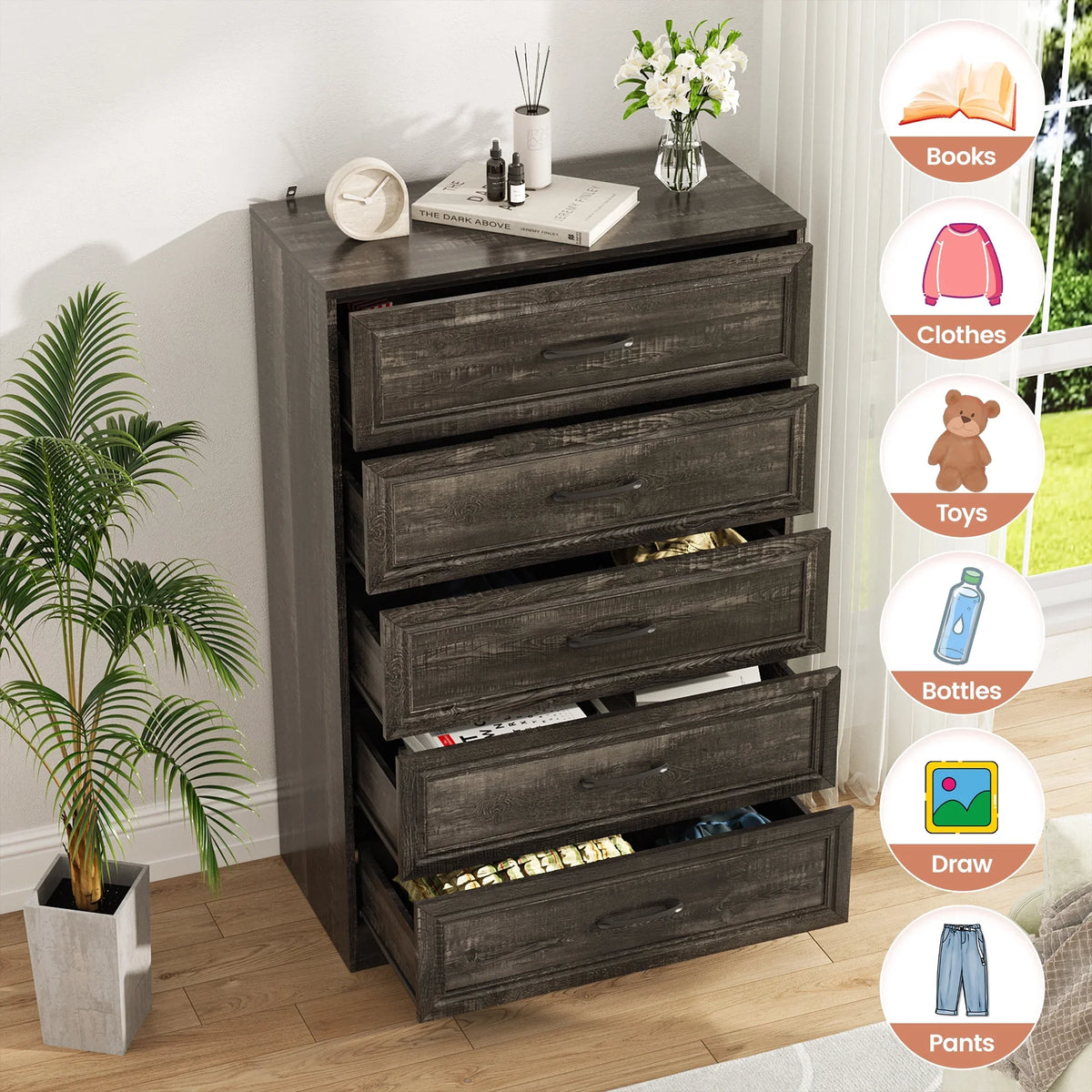 Vabches Farmhouse 5 Drawer Dresser with Metal Handle, Tall Wood Chest of Drawers for Living Room Bedroom,Dark Brown