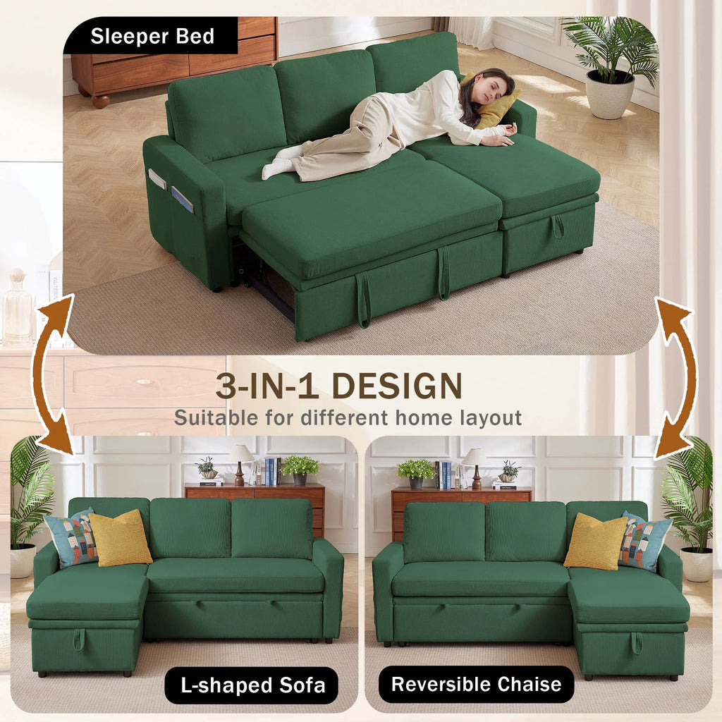 Pingliang Home Pull Out Sleeper Sofa Bed Sectional Sofa with Storage Chaise,L Shaped Sectionals Couches with Side Pockets,Modern Linen Reversible Sofa Couch for Living Room Apartment Office Studio