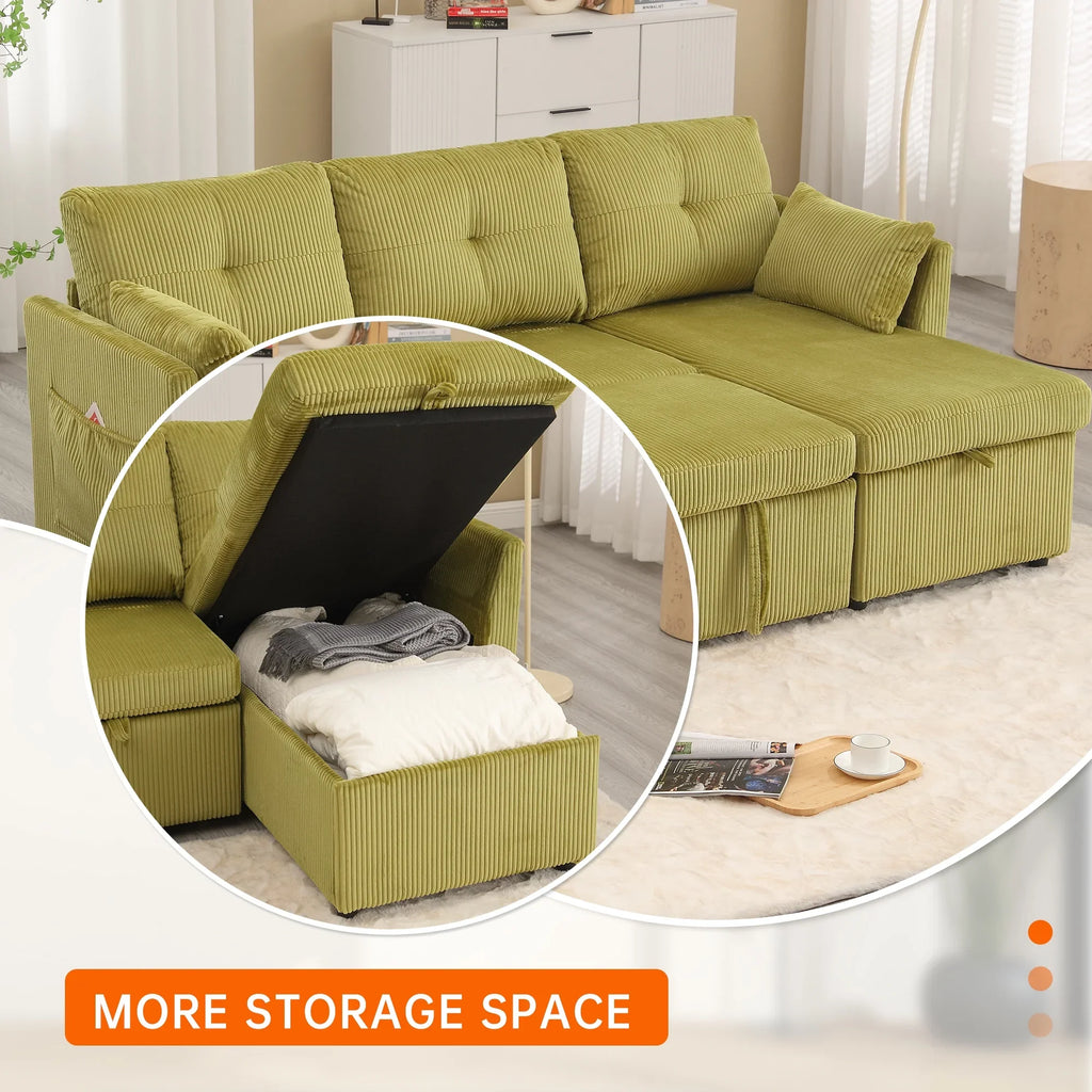 Villeston L-Shaped 3-Seat Sofa with Pull-Out Bed, with Storage Chaise Couch for Living Room, Chenille Fabric,Olive