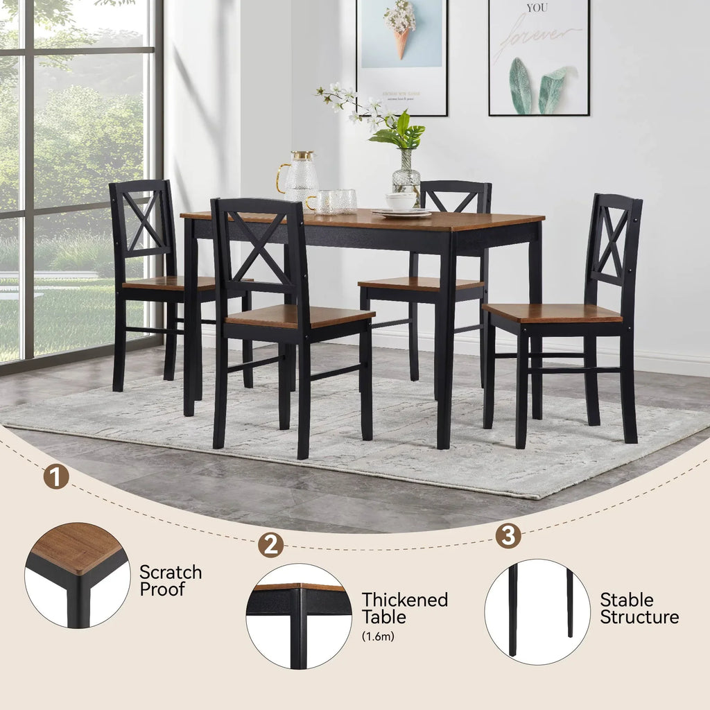 Seizeen Solid Wood Kitchen Table and Chairs, Dining Room Table Set for 4 with Gray Upholstered Chairs, Wood Grain Table Heavy-Duty Frame, Rustic Minimalist Style Breakfast Nook Set