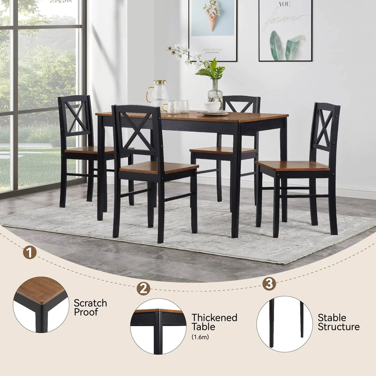 Seizeen Solid Wood Kitchen Table and Chairs, Dining Room Table Set for 4 with Gray Upholstered Chairs, Wood Grain Table Heavy-Duty Frame, Rustic Minimalist Style Breakfast Nook Set