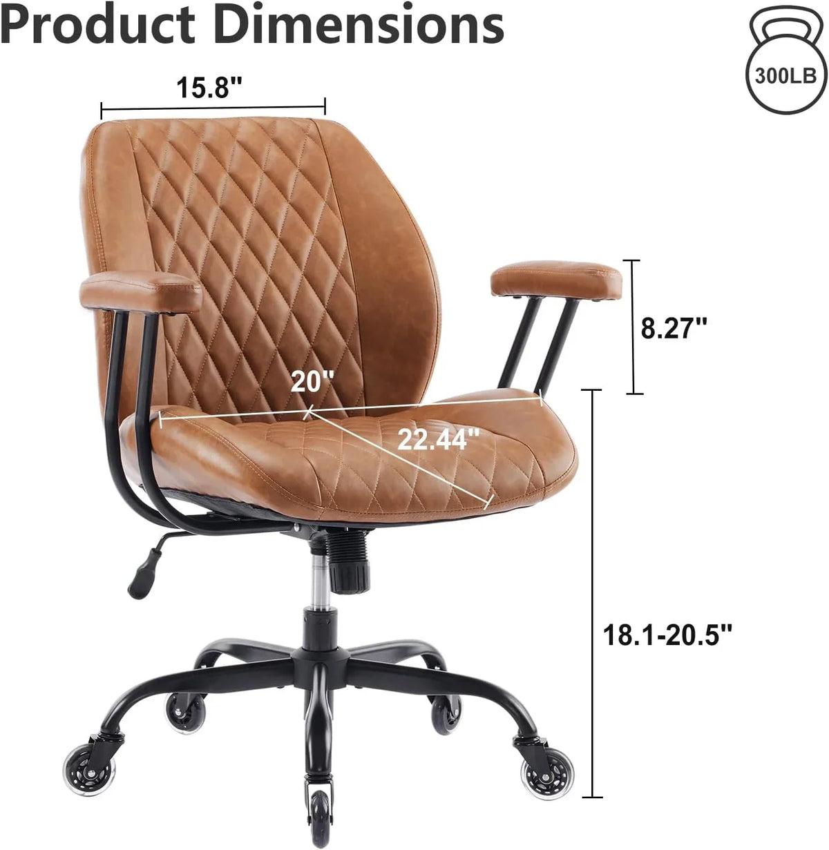 QW Home Office Desk Chair Office Rubber Casters Ergonomic Computer Chair with Lumbar Support Adjustable Height Rolling Swivel Executive Task Armrests Chair. Brown Leather