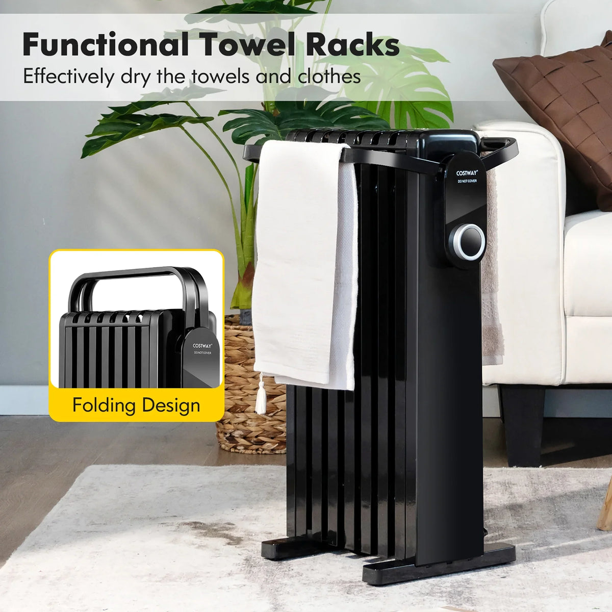 Costway 1500W Electric Space Heater Oil Filled Radiator Heater W/ Foldable Rack White