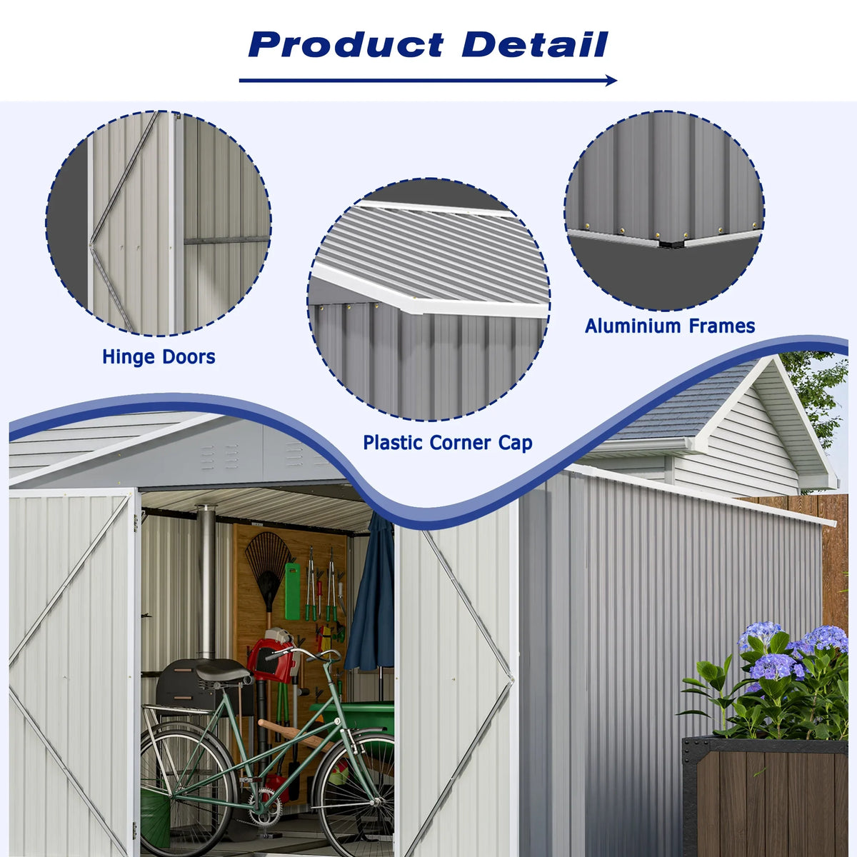 LZBEITEM 10 x 10 ft Outdoor Storage Shed with Floor Frame Kit, Galvanized Steel Garden Sheds, Garden Tool Shed with Double Lockable Doors for Backyard Patio Lawn, Grey