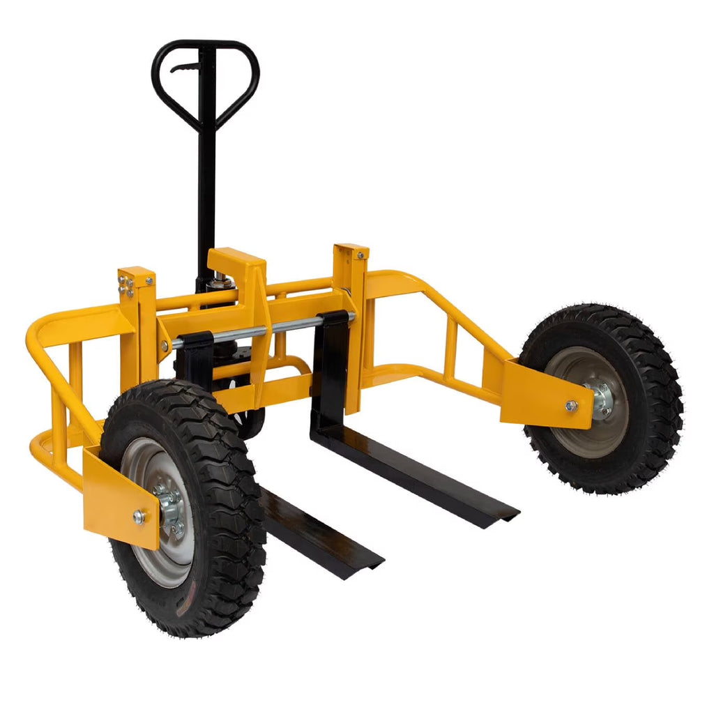 All Terrain Adjustable Manual Pallet Jack Hand Pallet Truck with Guardrail, 65.75"W x 55.35"D x 50.39"H, 2500 lbs Cap.