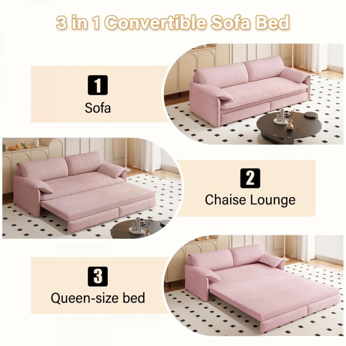 66" Queen Pull Out Sofa Bed, 3-in-1 Convertible Sleeper Sofa with Side Storage,Multi-Functional Velvet Loveseat Bed for Living Room,Bedroom