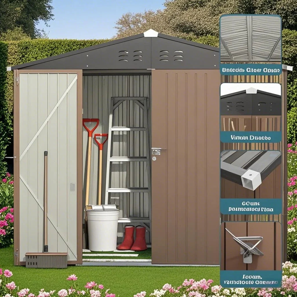 8x6 ft Outdoor Storage Shed on Sale, Sheds & Outdoor Storage with Lockable Doors, Metal Garden Shed by Durable Galvanized Steel for Patio, Lawn - Dark Gray