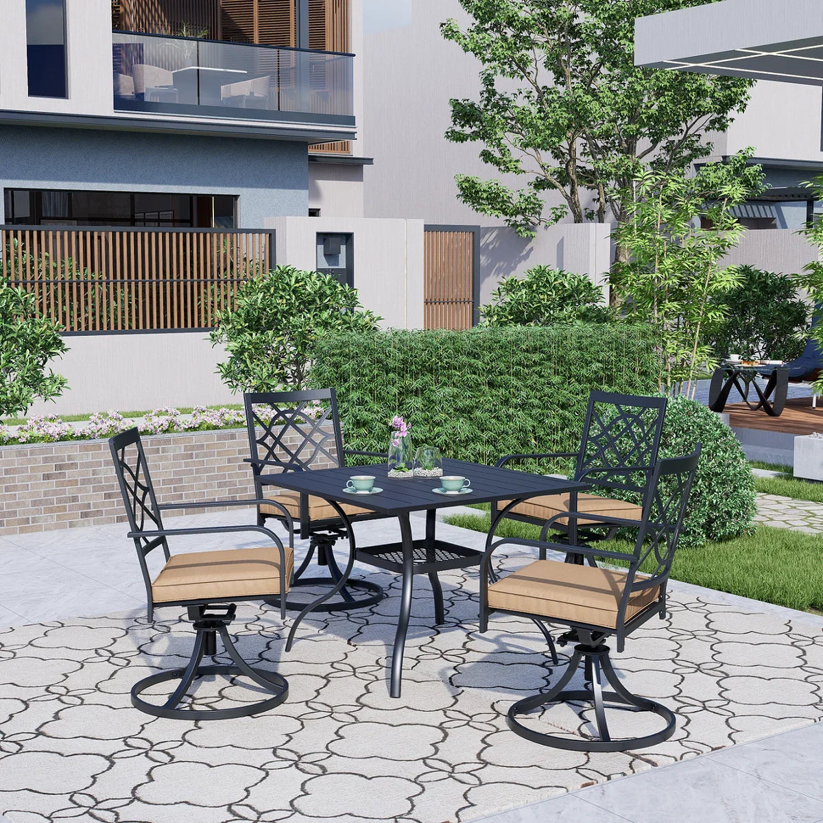 SUNCROWN 5-Piece Outdoor Wrought Iron Chairs and Table Patio Dining Furniture Set - 4 Stackable Metal Chairs, 1 Steel Slat Bistro Table and 1 Sky Blue 9Ft Patio Umbrella for Garden Backyard Deck