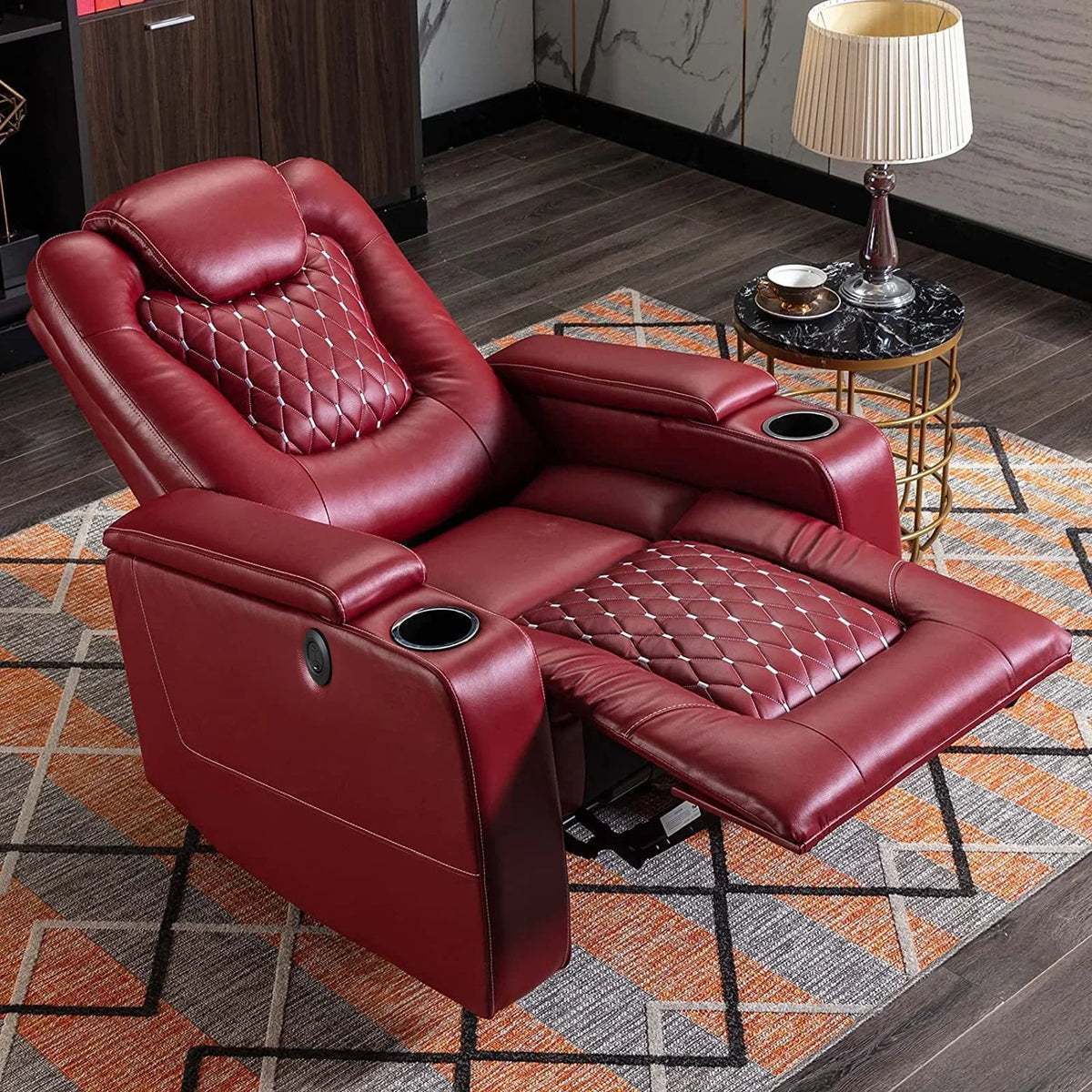 Bonzy Home Overstuffed Electric Home Theater Seating PU Leather Reclining Furniture with with USB Ports and Cup Holders and Hidden Arm Storage - Black