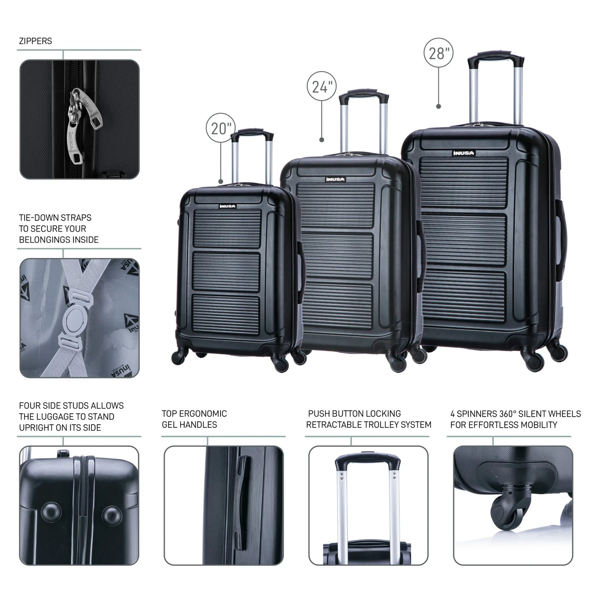 InUSA Pilot 3-Piece Hardside Luggage Sets with Spinner Wheels, Handle, Trolley, (20"/24"/28"), Blue