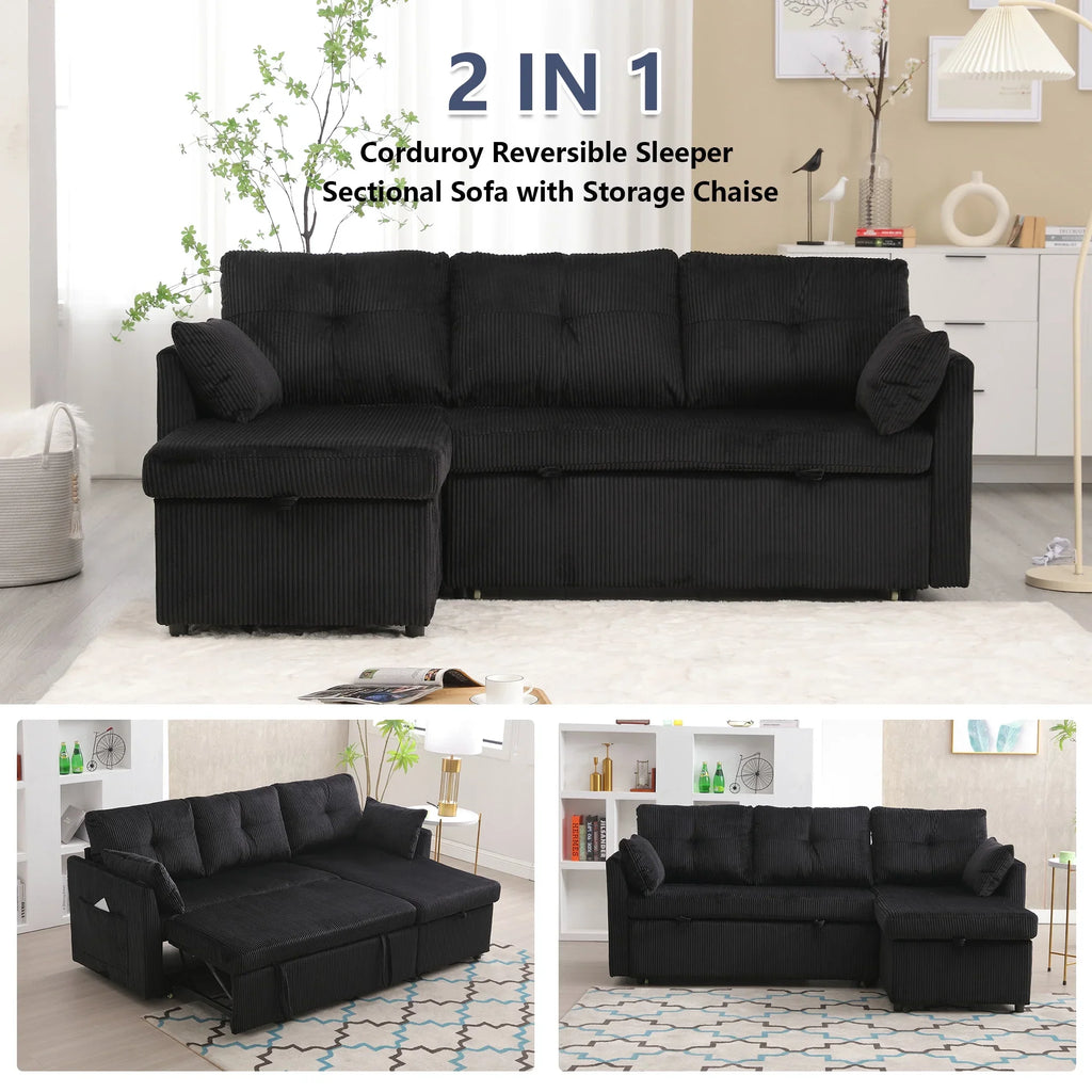 Villeston L-Shaped 3-Seat Sofa with Pull-Out Bed, with Storage Chaise Couch for Living Room, Chenille Fabric,Olive