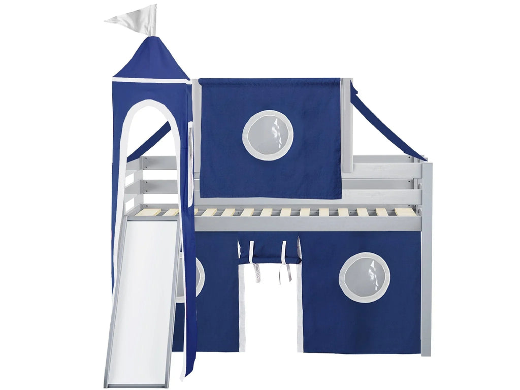 JACKPOT! Castle Low Loft Bed with Slide, Red Yellow and Blue Tent and Tower, Twin, Cherry