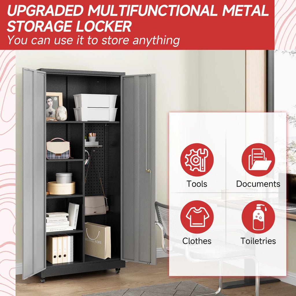 Bestoo Metal Storage Cabinet with Locking Doors, Garage Storage Cabinet with Wheels and Adjustable Shelves, Rolling Tool Storage Cabinet for Home Office, Garage, Pantry (Black)