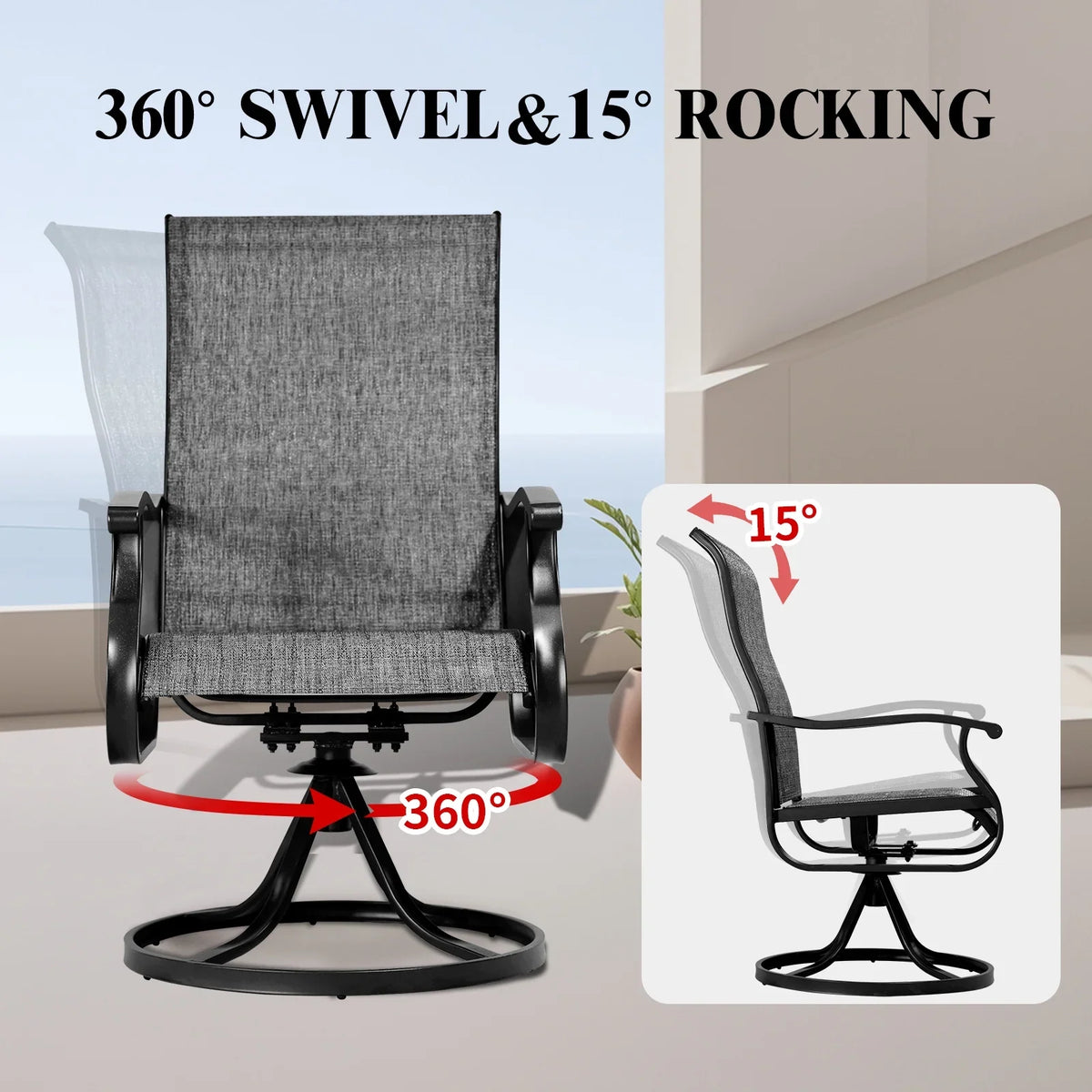 Patio Swivel Chairs Set of 2, Outdoor High Back Rocker Dining Chairs with All-Weather Textilene Mesh and Metal Frame, Comfortable Swivel Chairs for Patio, Garden, Deck, and Backyard (Beige)