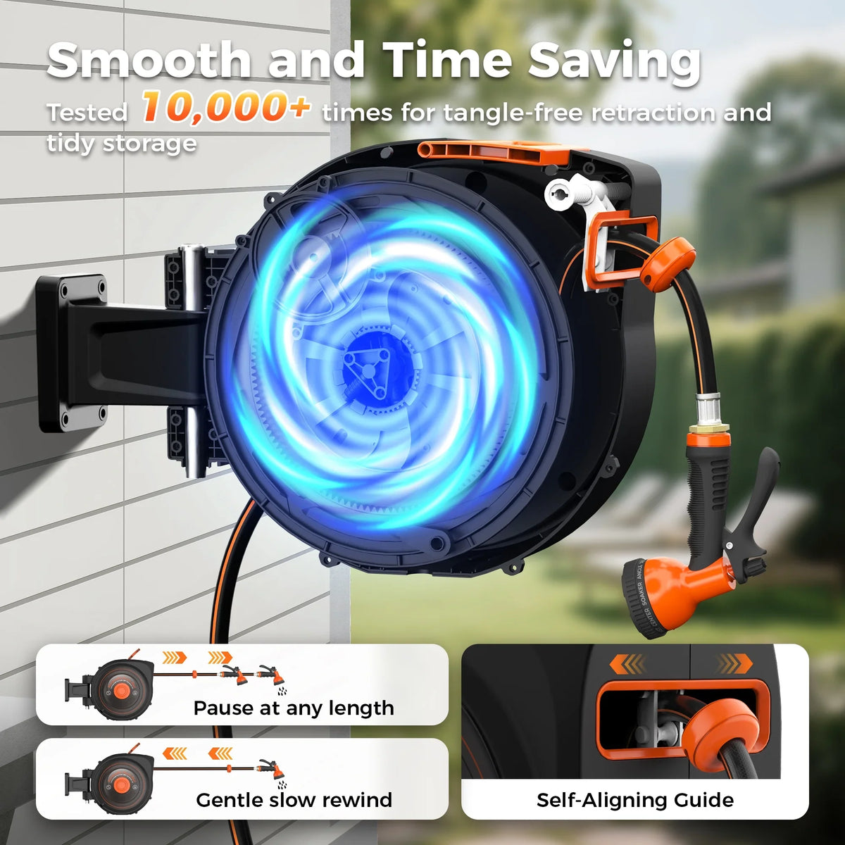 Retractable Garden Hose Reel 1/2 in x 100 ft, Auto-Rewind & Any Length Lock, 180" Swivel Heavy Duty Hose Reel Wall Mount for Outside, 10 Spray Patterns, UV-Resistant