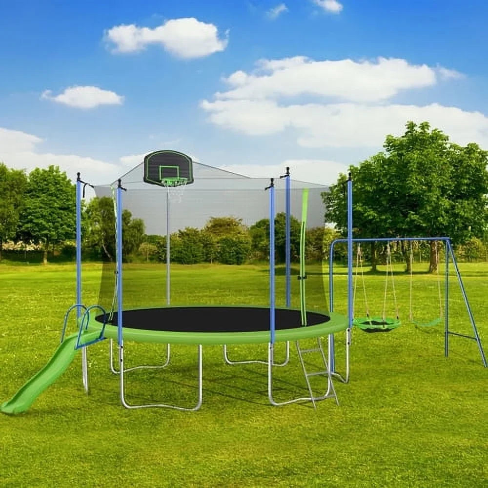 SOGES 12ft Trampolines with Slide and Swing, Basketball Hoop, 4�C7 Kids