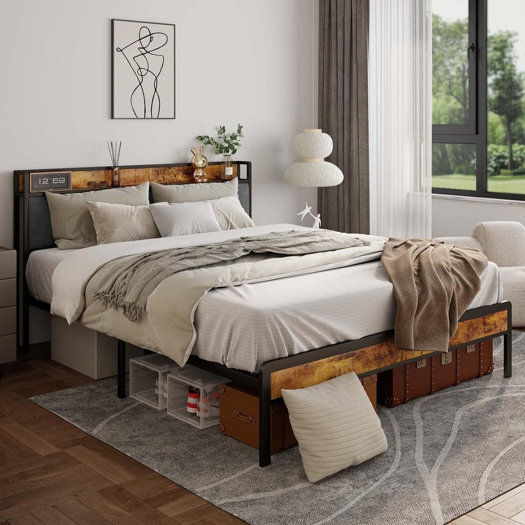 Lofka Queen Bed Frame with Headboard, Upholstered Platform Bed with Headboard, No Box Spring Needed/Easy Assembly, Beige