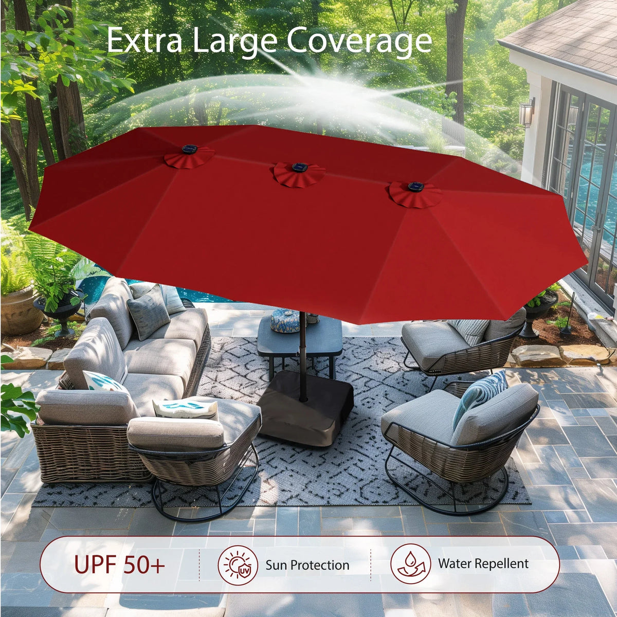 Alpha Joy 15ft Extra Large Outdoor Patio Double-Sided Umbrella with LED Solar Lights & Umbrella Base, Beige