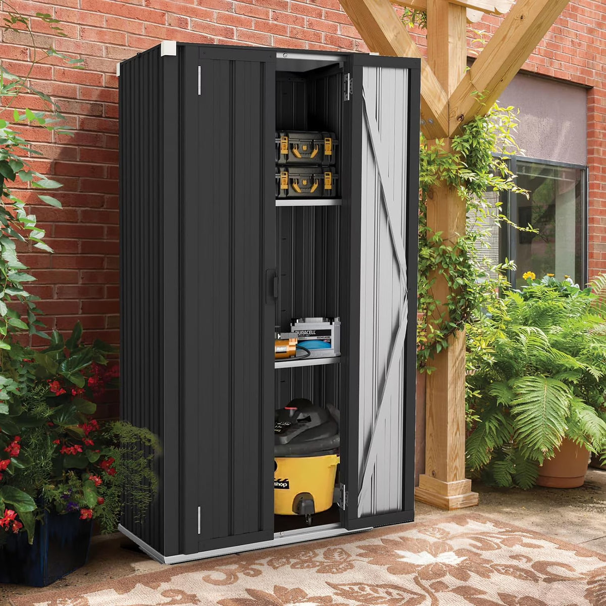 AECOJOY Outdoor Storage Cabinet Waterproof with Adjustable Shelves, Lockable Metal Outdoor Garden Storage Sheds Organizer in Brown, Versatile for Garage, Backyard, or Indoor Use