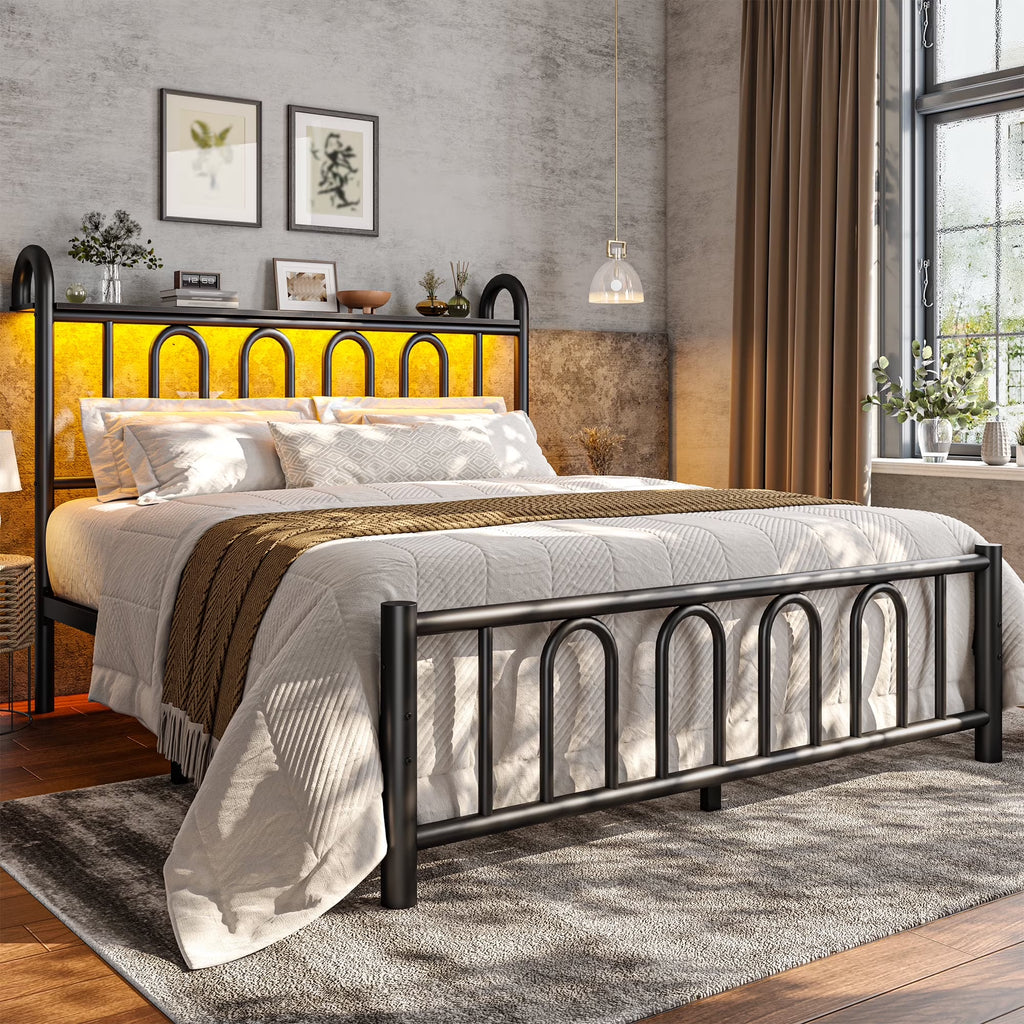 EnHomee Queen Size Metal Platform Bed Frame with Headboard Metal Bed Frame with LED Lights Queen Bed Frame with Underbed Storage,Black
