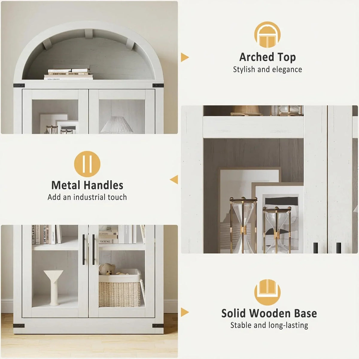 AOILE 72" Tall Arched Farmhouse Bookcase with Doors, Wooden Display Cabinet with Storage Shelves