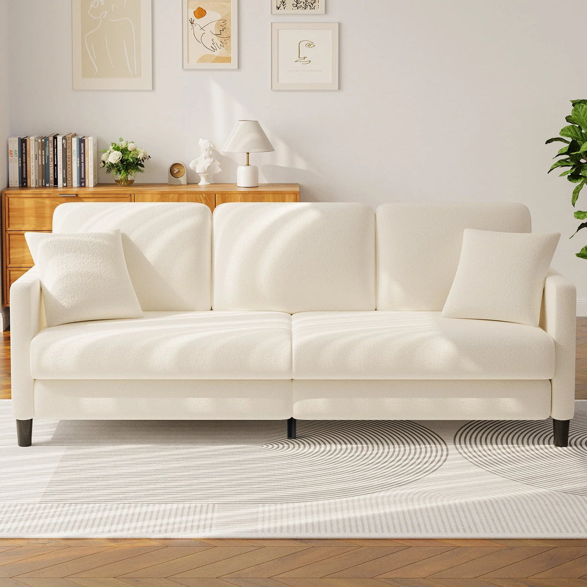 83" Comfortable Upholstered Sofa, 3 Seater Couch for Living Room, Neche Big Loveseat with Extra Deep Seats, 2 Pillows, Beige White