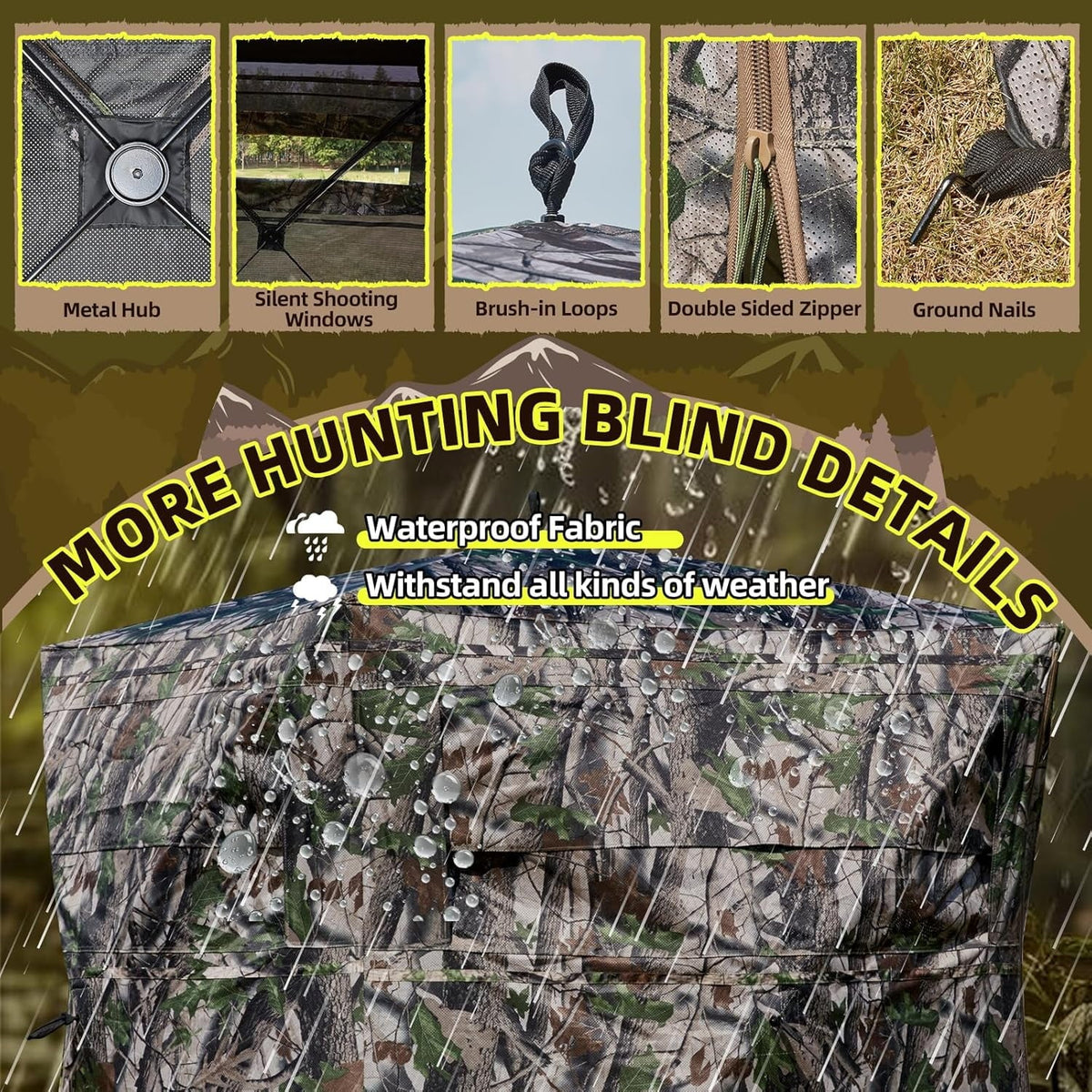 Erommy 360° Camouflage Hunting Blind, Durable and Waterproof with Spacious Interior and Ventilation for 3 People