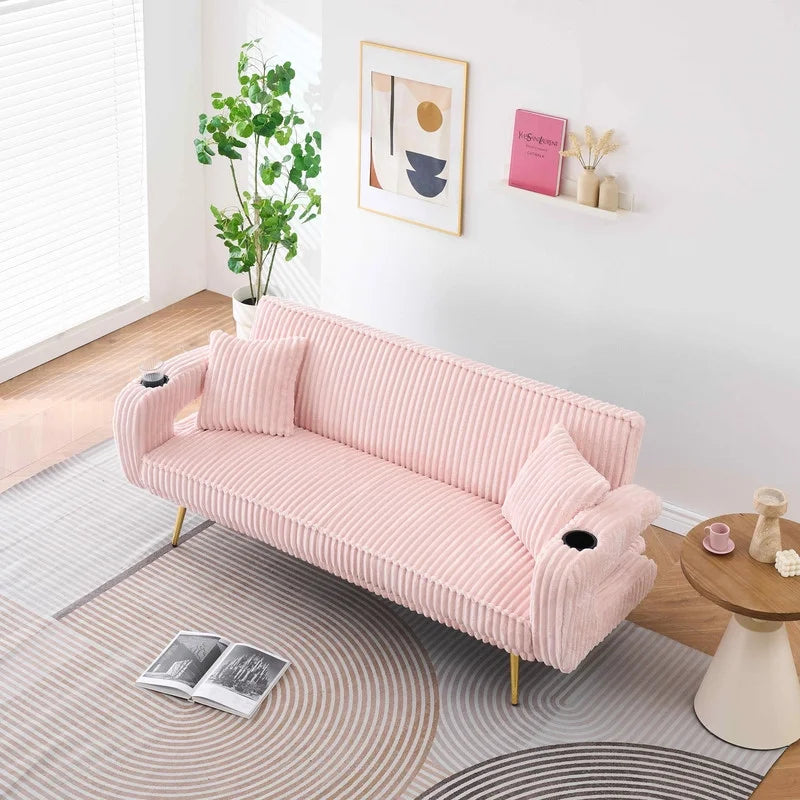 FFH Modern Corduroy Futon Sofa Bed with Adjustable Backrest,Convertible Loveseat Sleeper,Soft Couch with Drop-Down Table and Cup Holder for Living room,Pink
