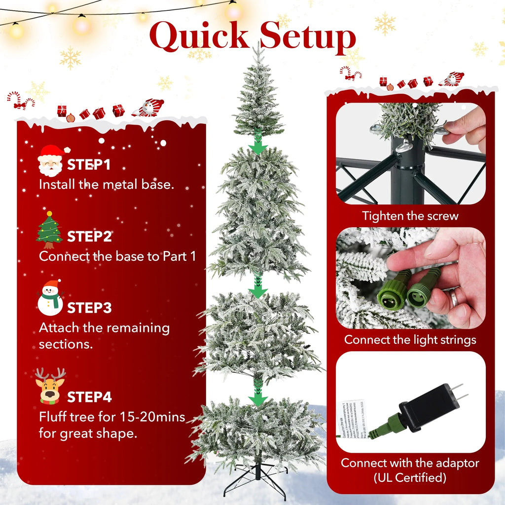 Qunler 9ft Snow Flocked Christmas Tree with 2028 Tips, Artificial Snowy Xmas Pine Tree with Reinforced Metal Base for Home Office Party Holiday Decorations,White(NO Light)
