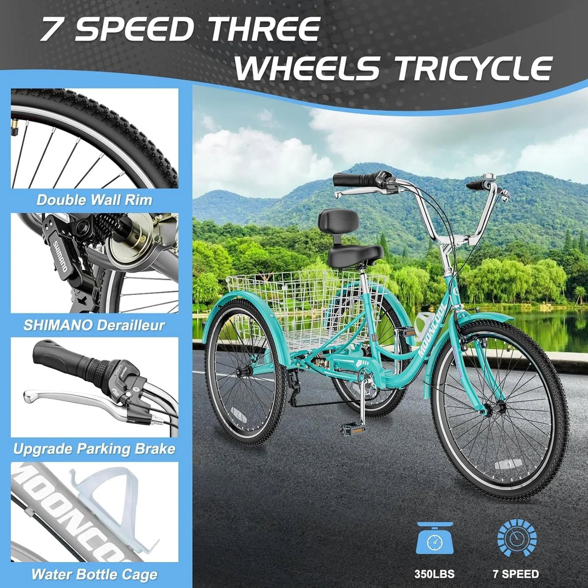 MOONCOOL Adult Tricycles with Rear Basket & Inflator, 24 26 inch 7 Speed 3 Wheel Bikes, Three-Wheeled Bicycles Adult Trike with Backrest for Seniors, Women, Men