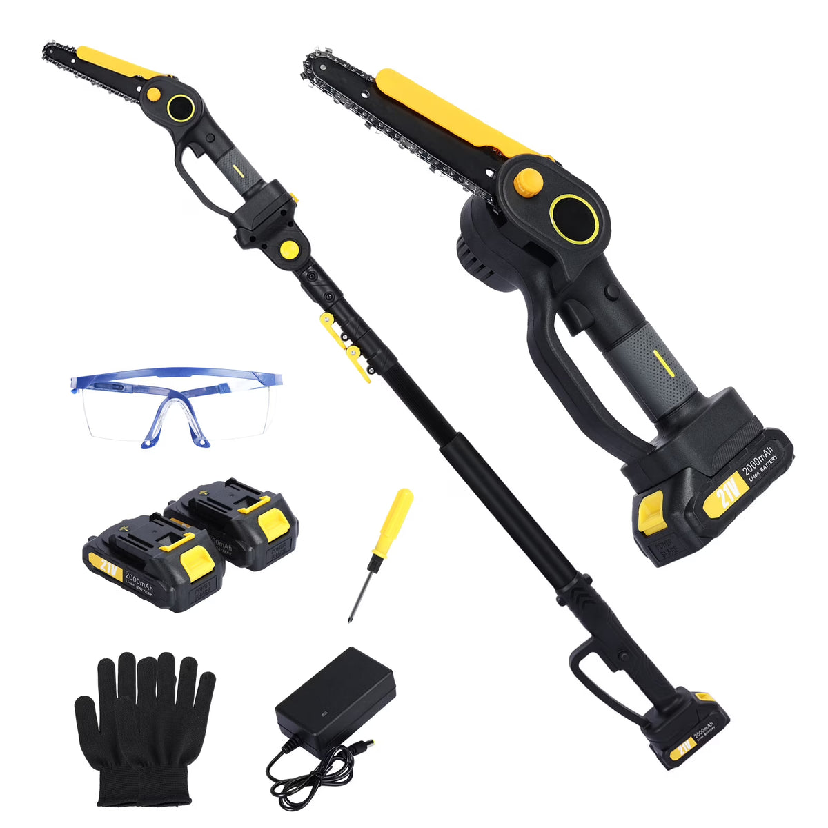 AOJA 2-in-1 Cordless Pole Saw & Mini Chainsaw,6 Inch Brushless Chainsaw with 2 x 2.0Ah Batteries,14.1 FT Max Reach Pole Saw for Tree Trimming, Wood Cutting