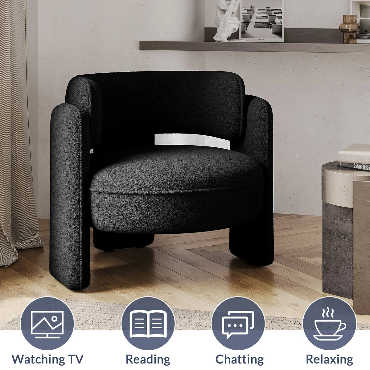 BELLEZE Sherpa Boucle Chair, Modern Barrel Accent Chair Comfy Round Upholstered Armchair Accent Side Chair for Living Room, Bedrooms, Corner - Quinton"White"