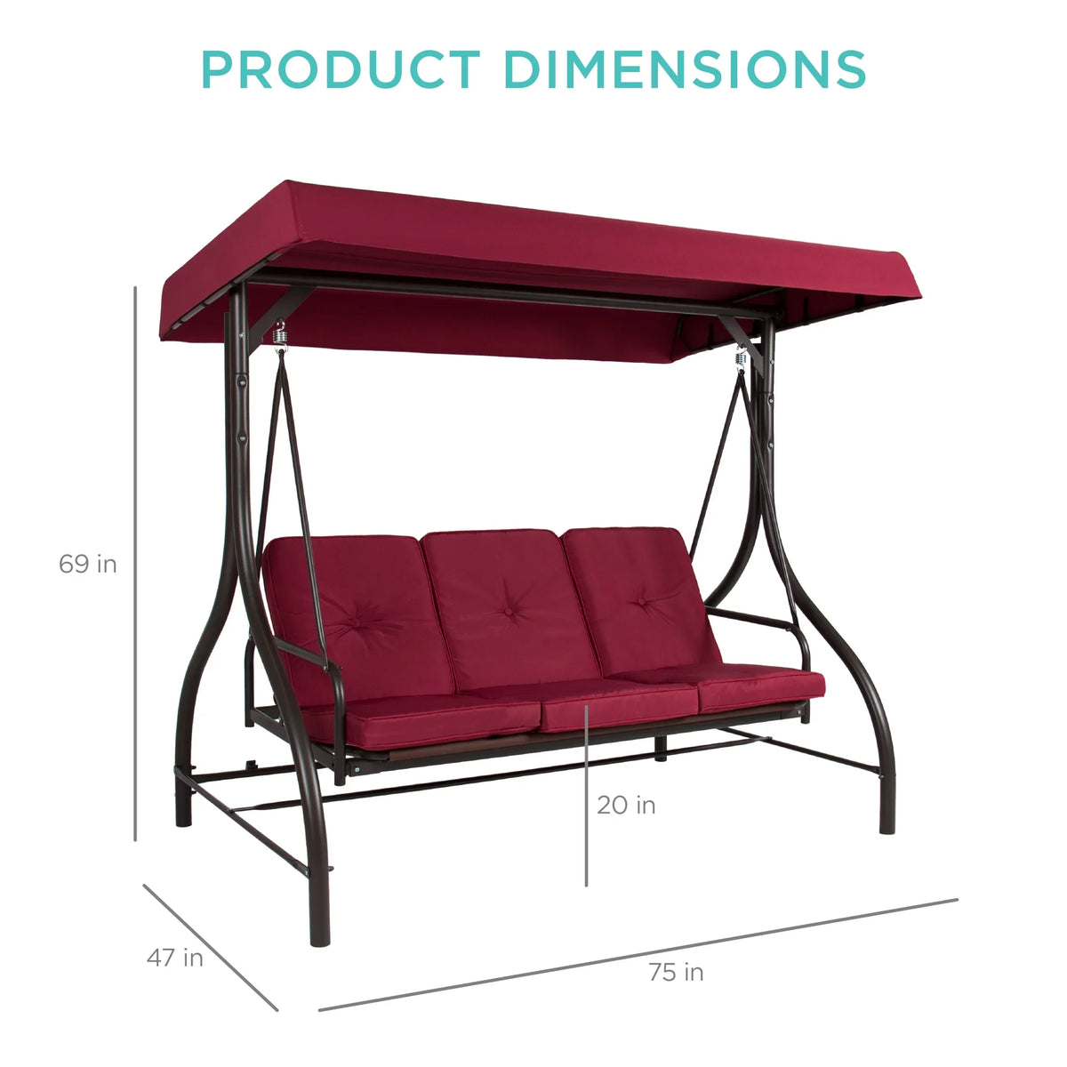 Best Choice Products 3-Seat Outdoor Converting Canopy Swing Glider Patio Hammock w/ Removable Cushions - Burgundy