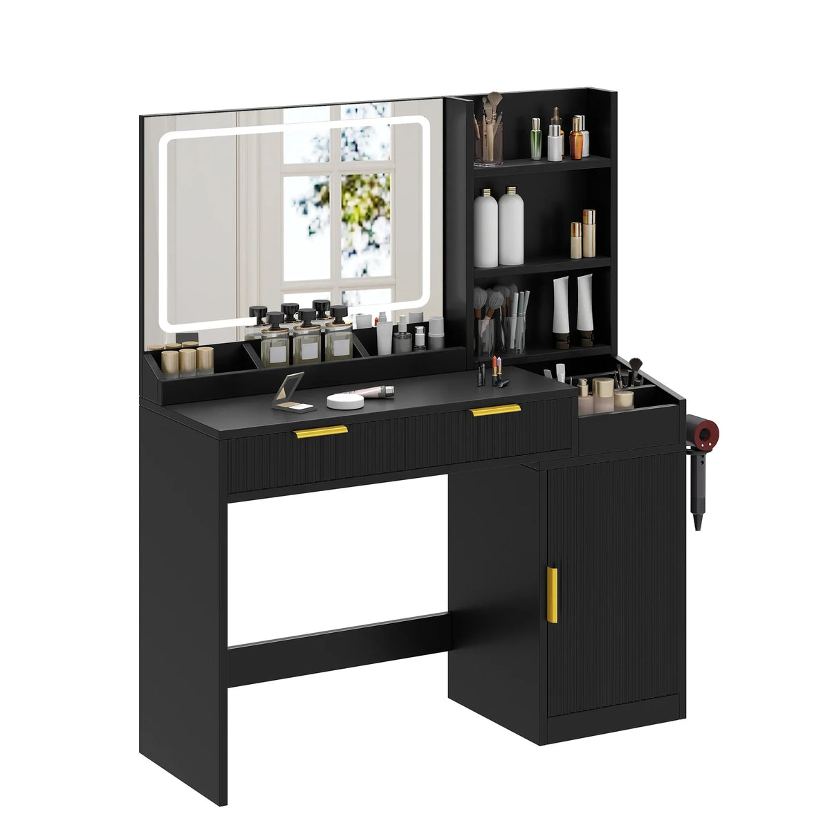 Craftian White Makeup Vanity Desk with Large Mirror and Lights, Dressing Table with 2 Storage Drawers & Power Outlets